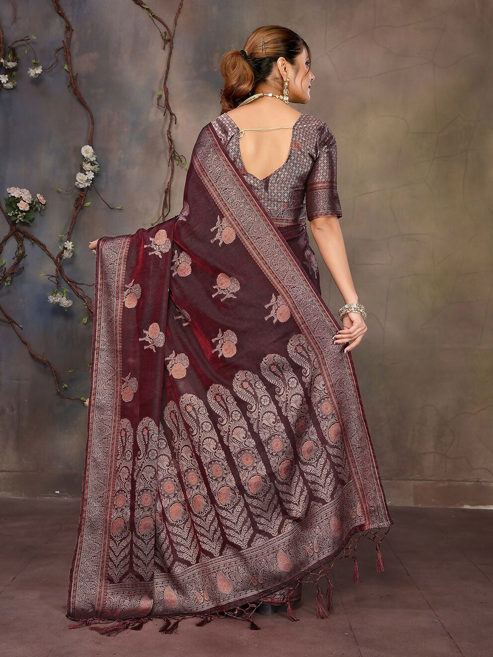 Joban Fashion Wine Woven Jacquard Banarasi Silk Sarees | Swadesiicart