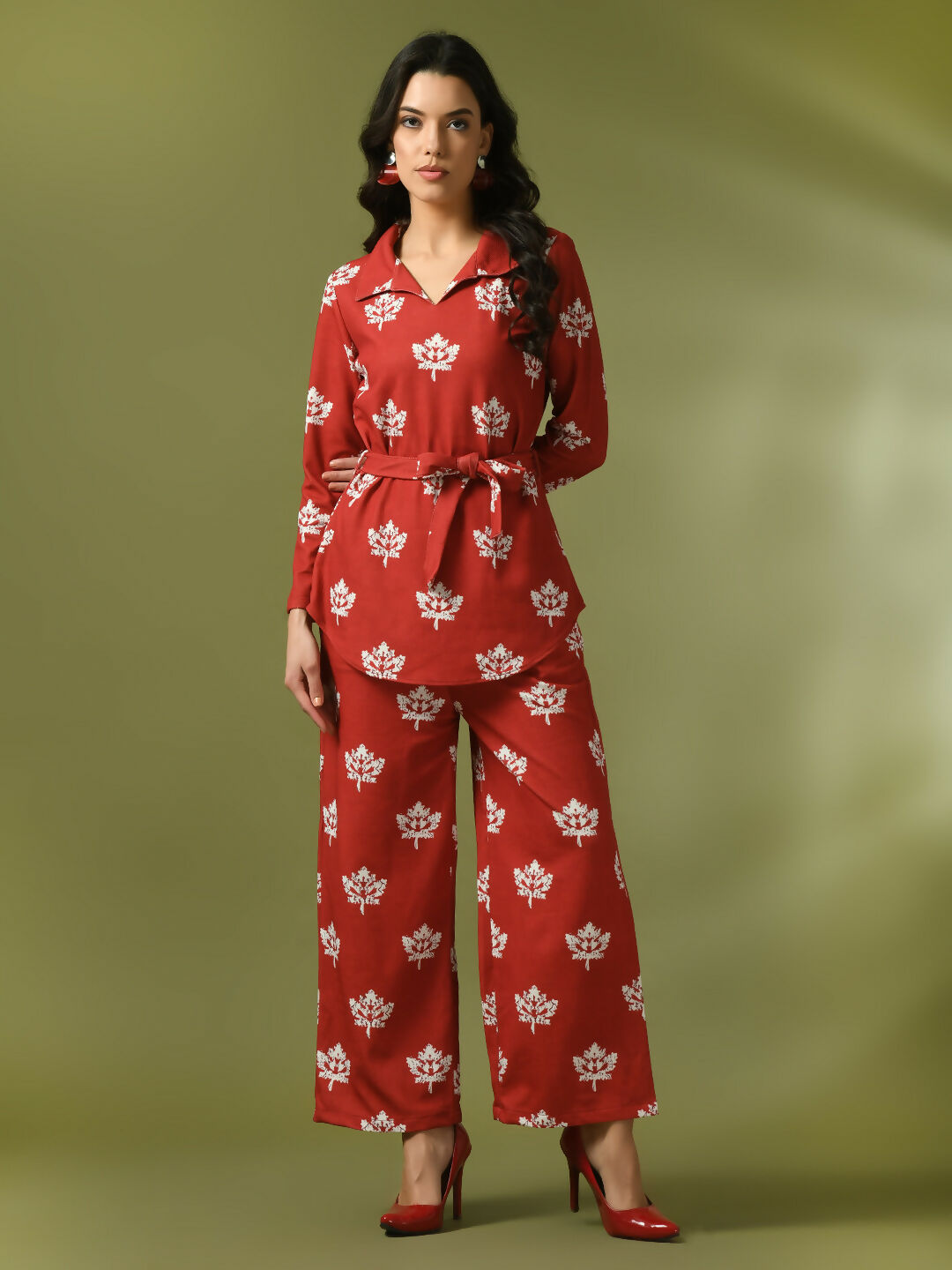Myshka Women's Rust Printed Polo Collar Party Top With Trousers Co-ord set - Swadesiicart