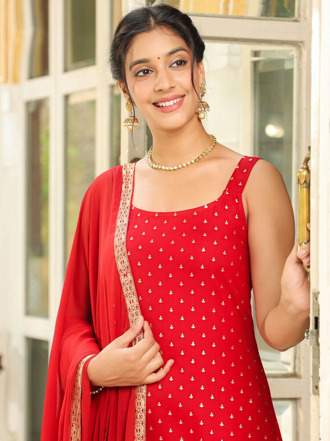 Janasya Maroon Rayon Foil Print Kurta,Bottom & Dupatta | Swadesiicart