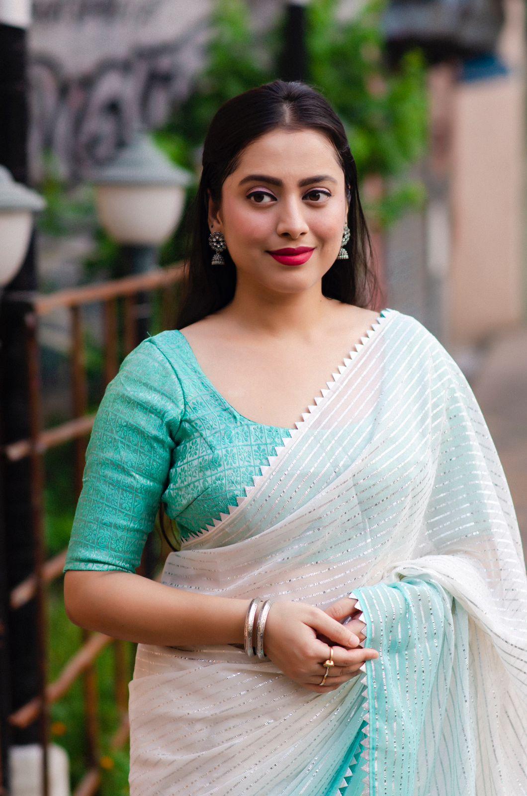 Green Poly Chiffon Striped Saree with Unstitched Blouse - Hiral Fashion | Swadesiicart