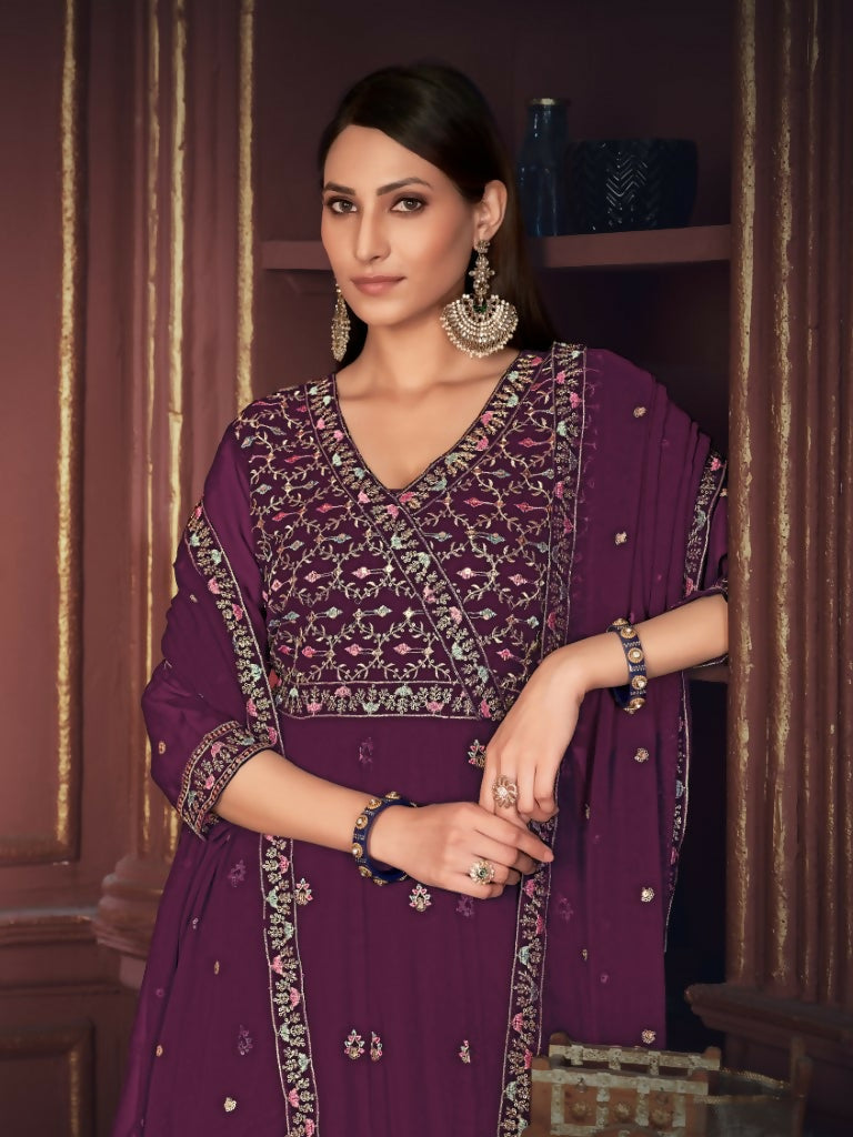 Jyoti Fashion Women's Purple Georgette Embroidered Anarkali Kurta Pant Set With Dupatta | Swadesiicart