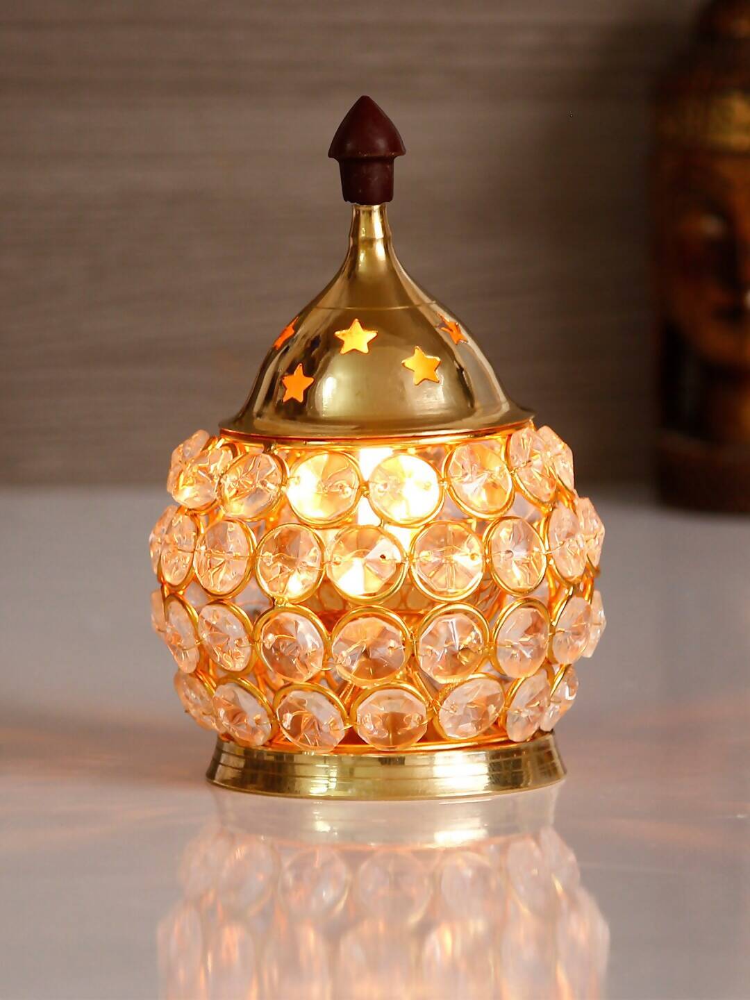 eCraftIndia Gold-Toned & Transparent Crystal & Brass Akhand Diya | Swadesiicart