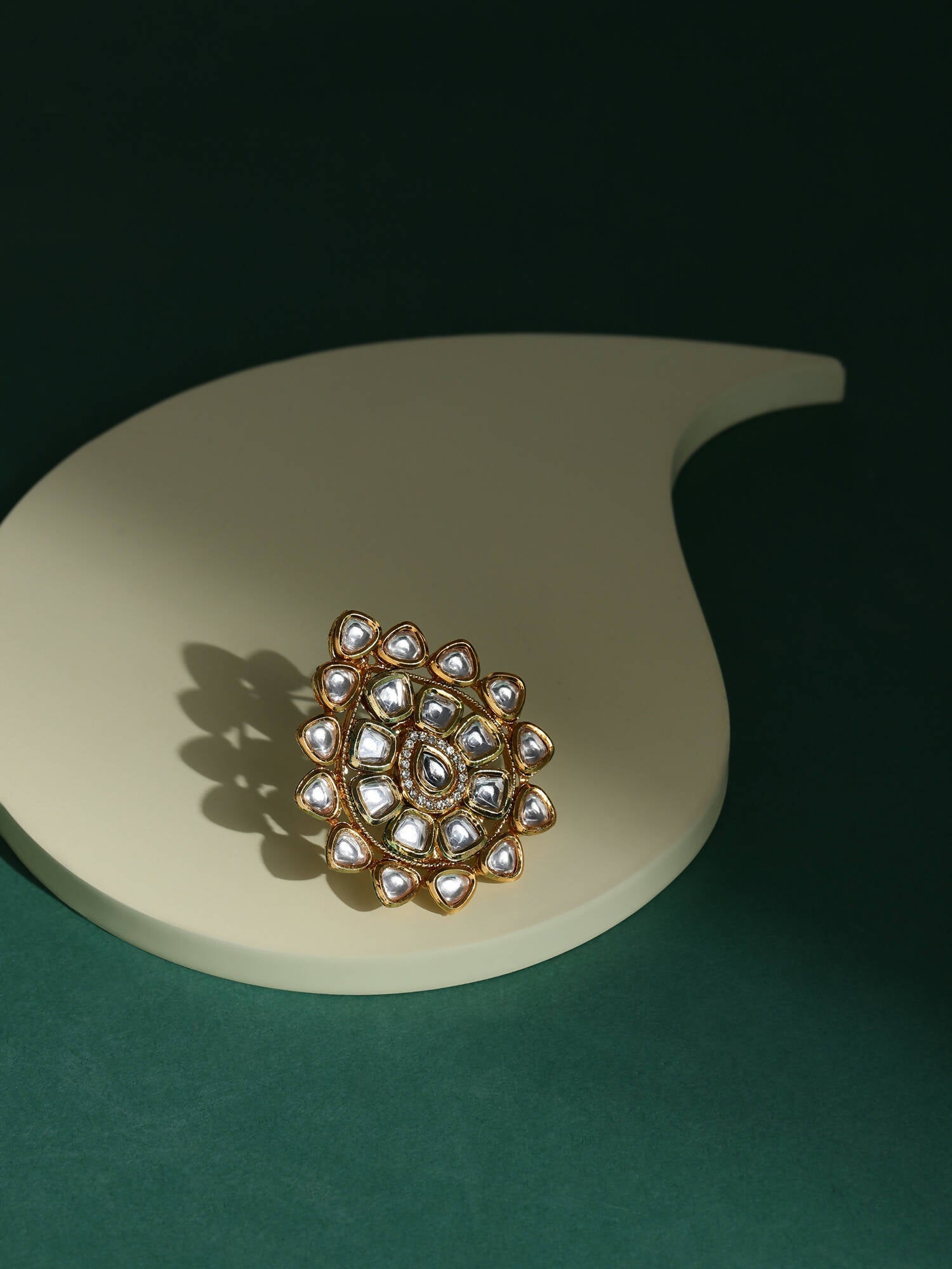 Gold-Polished White Kundan-Studded Adjustable Finger Ring - Ruby Raang | Swadesiicart