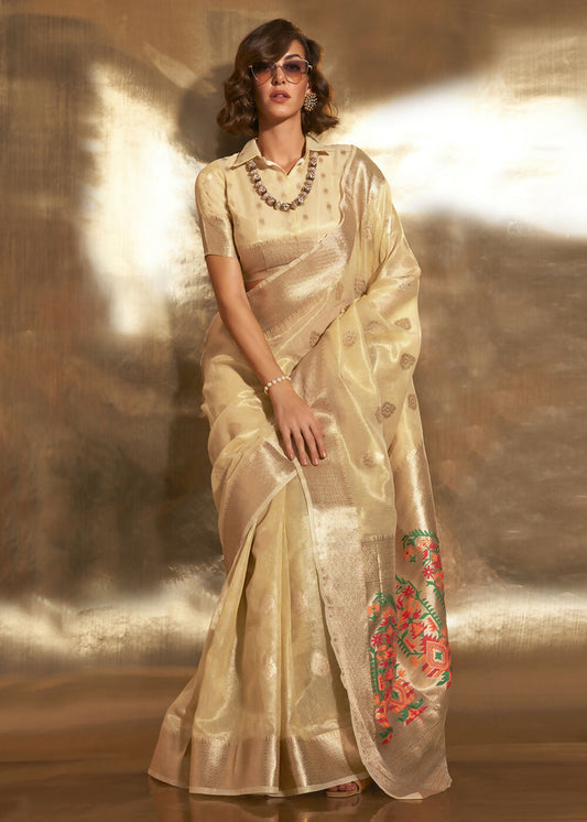 Golden Handwoven Tissue Fabric Festive & Party Style Saree - Emponline | Swadesiicart