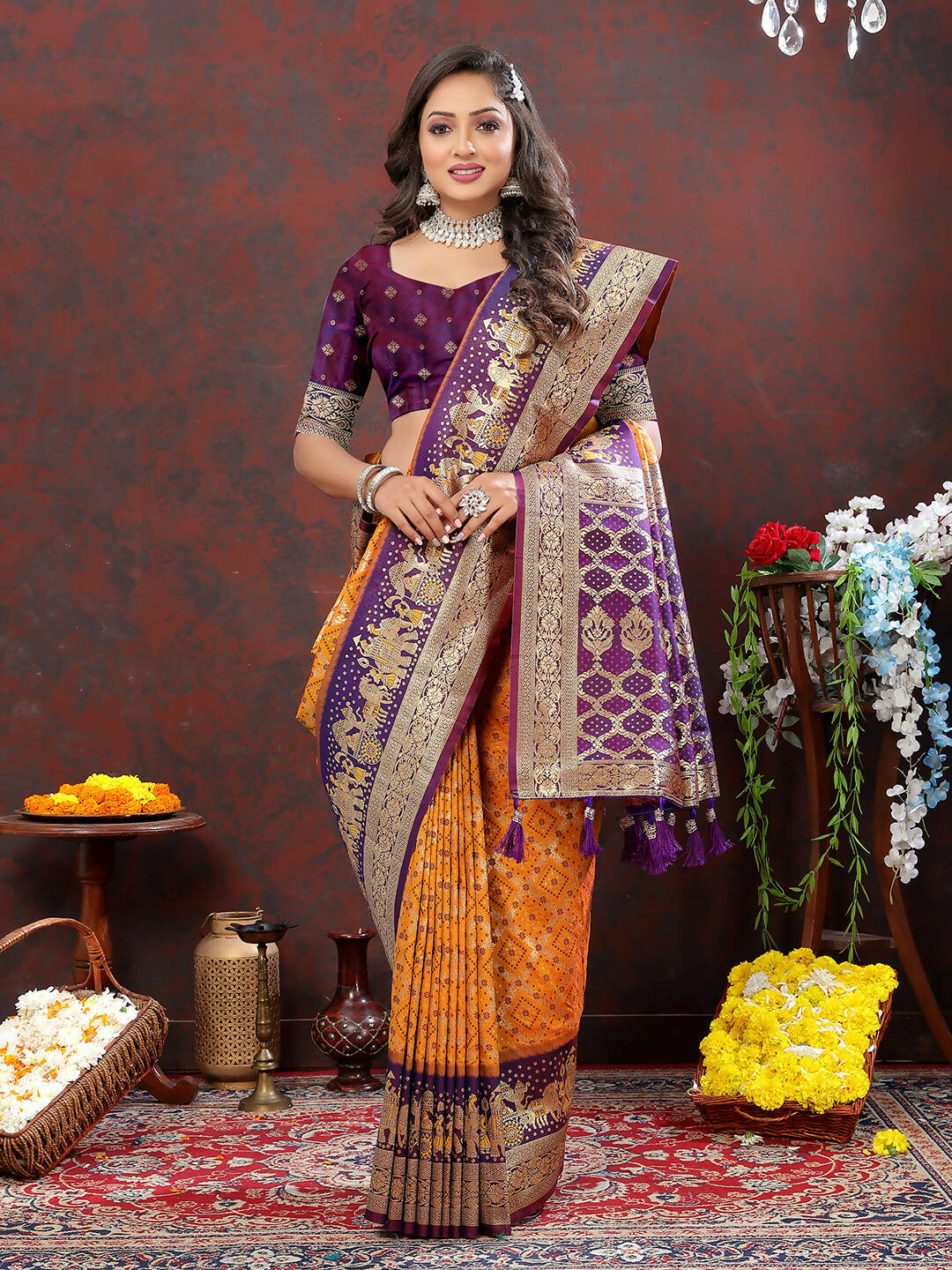 Lorenvalley Fashion Orange & Wine Patola Silk Woven Design Meenakari Weaving Saree - Swadesiicart