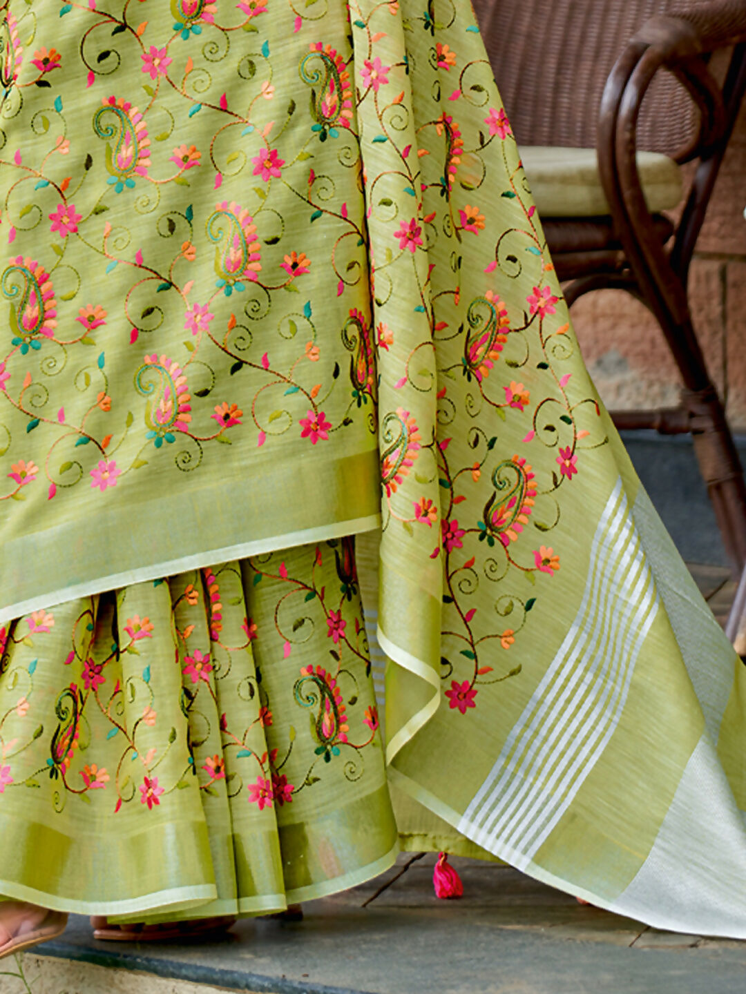 Shree Shyam Fashion Linen Yellow Green Saree