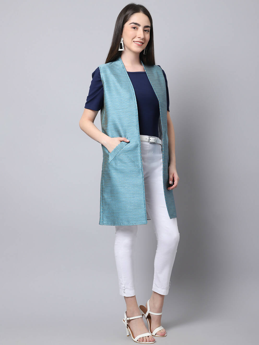 Even Apparels Blue Bansari Silk Open Front Women's Long Coat | Swadesiicart
