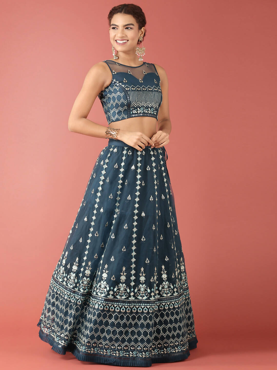 House of Panchhi Navy Blue Net Sequinse Work Lehenga & Blouse, Dupatta | Swadesiicart