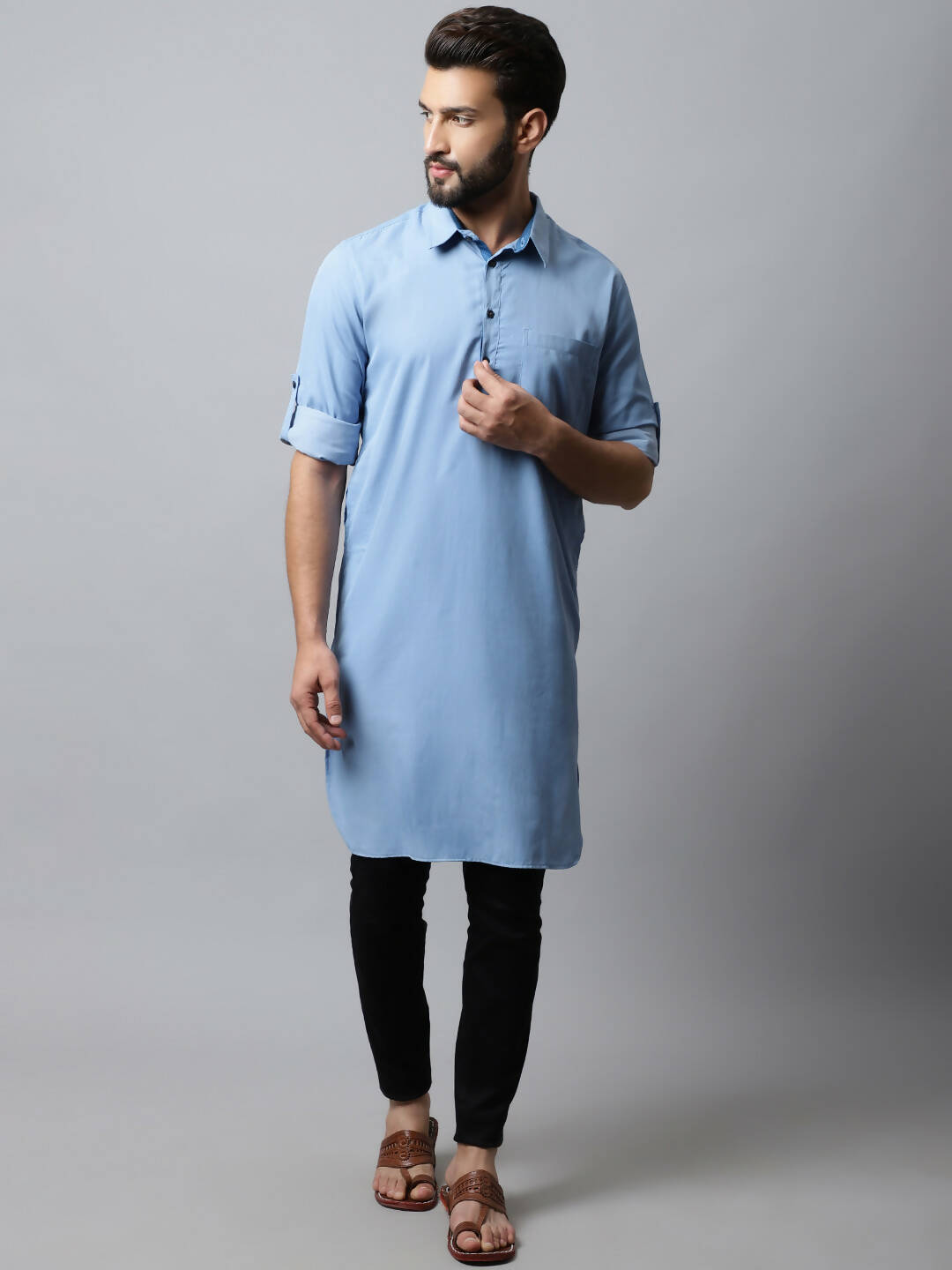 Even Apparels sky Blue Color Pure Cotton Solid Men's Kurta With Shirt Collar (MMS503) | Swadesiicart