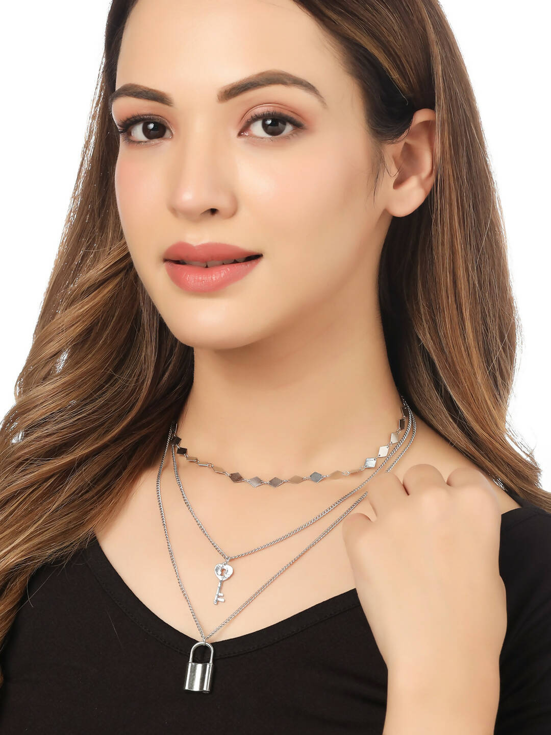 NVR Women's 3 Layered Silver-Plated Minimal Layered Necklace | Swadesiicart