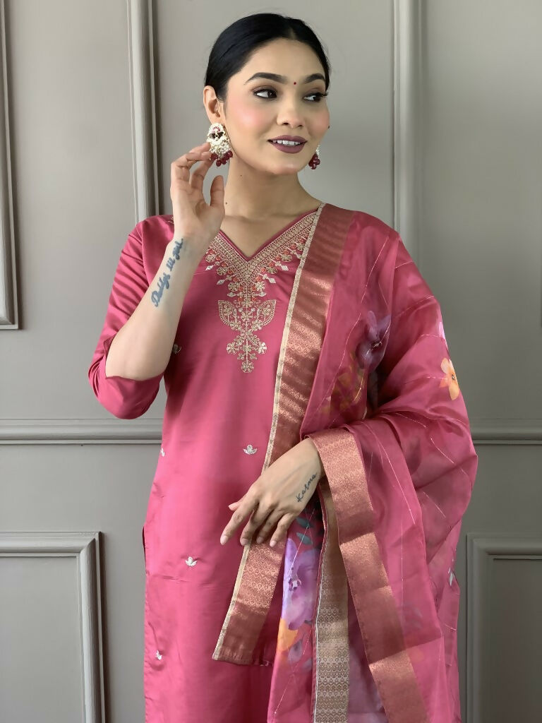 Light Pink Viscose chanderi Stitched Suit With Dupatta - Tanisha | Swadesiicart
