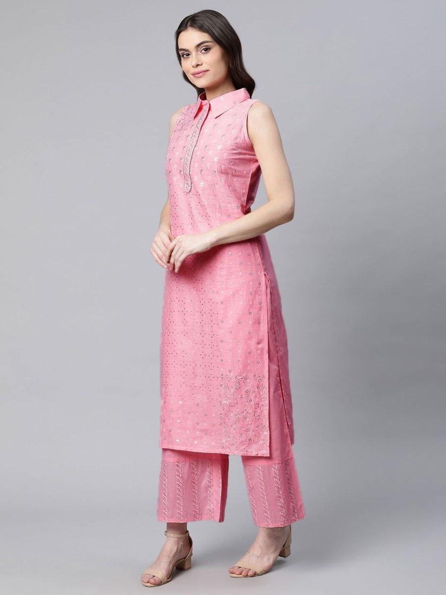 Ahalyaa Women Light Pink Colour Pure Cotton Printed Kurta Palazzo Set | Swadesiicart