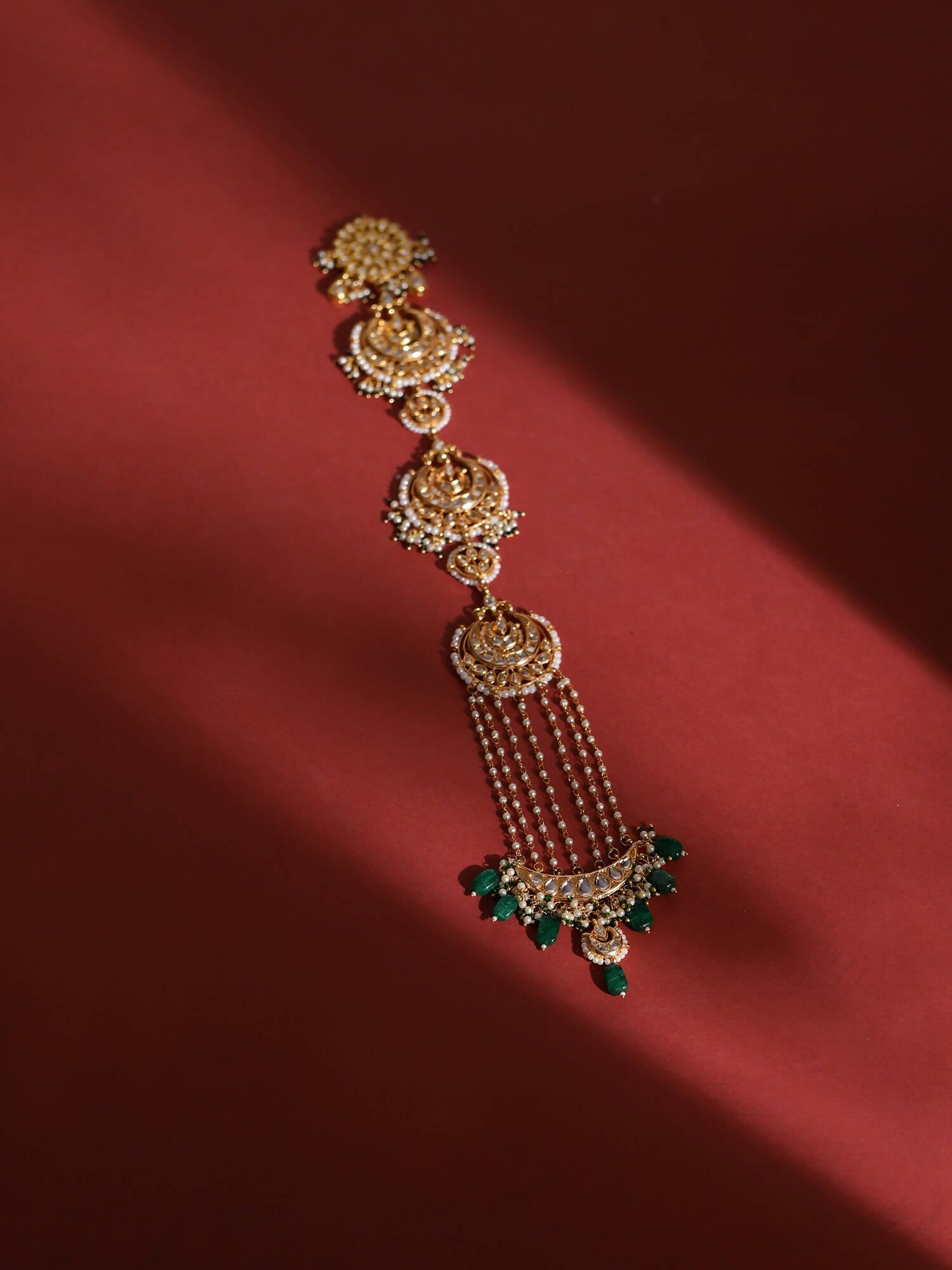 Gold-Polished Green Kundan Stone-Studded Head Chain - Ruby Raang | Swadesiicart