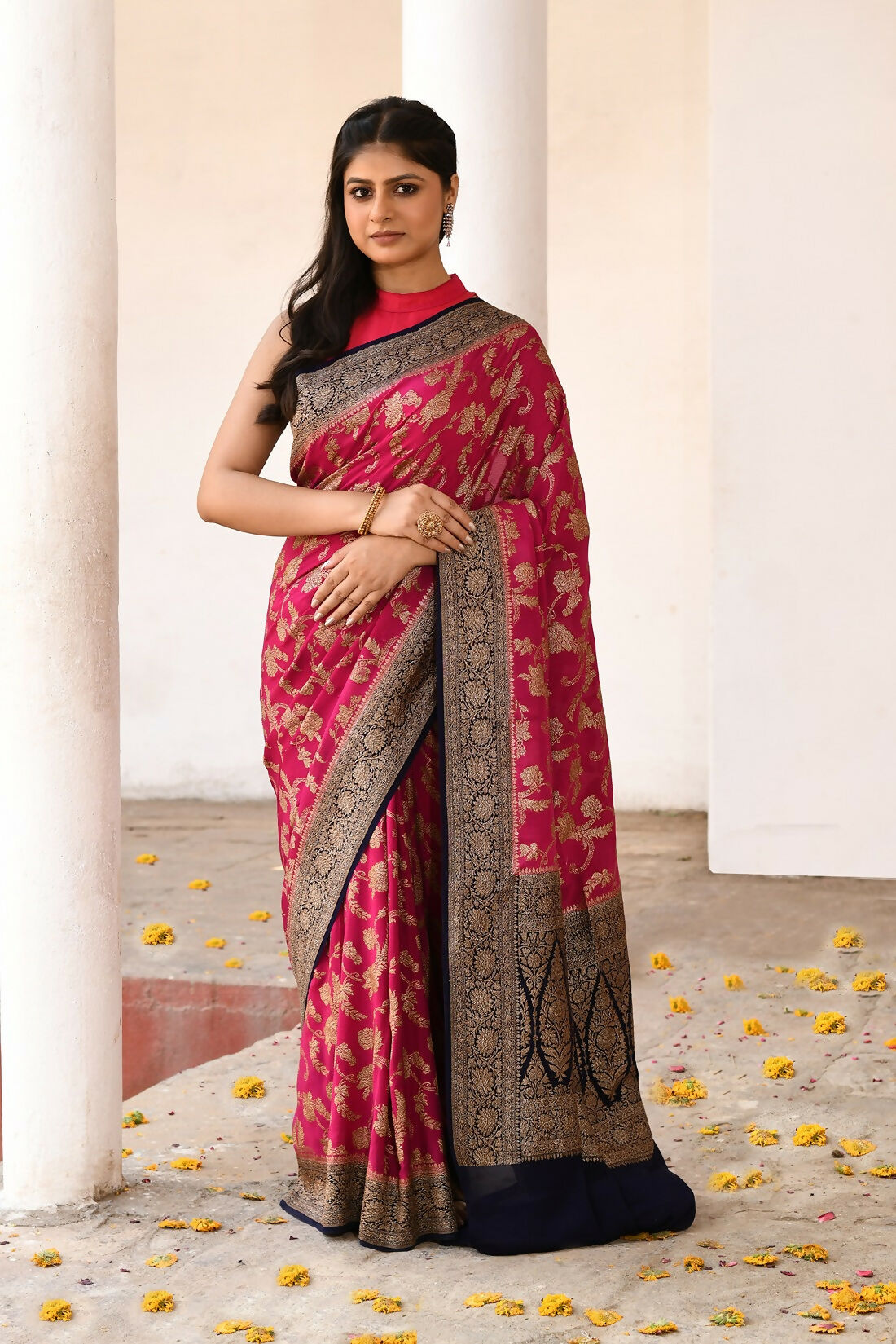 Joban Fashion Hot Pink Crepe Chiffon Pure Handloom Banarasi Silk Saree | Swadesiicart