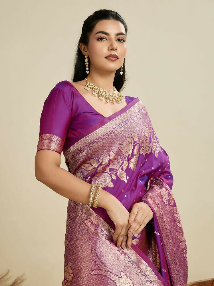 Vishnu Weaves Women's Purple Banarasi Silk Zari Woven Saree with Blouse - Swadesiicart