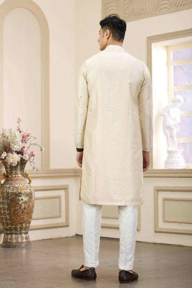 Raivat Ethnic Banarasi Art Silk Thread and Mirror Work Kurta Pajama In Beige Colour | Swadesiicart