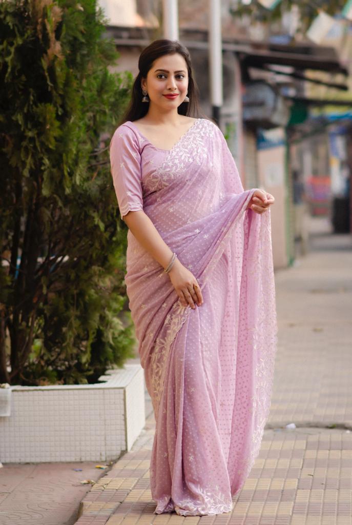 Pink Pure Chiffon Woven Design Saree with Unstitched Blouse - Hiral Fashion | Swadesiicart