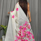 Exclusive Collection Beautiful White Pink Pure Cotton Hand Print Handloom Saree With Running Blouse Piece - Swadesiicart