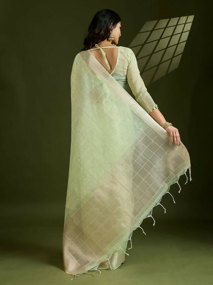 Vishnu Weaves Women's Pista Soft Silk Zari Woven Saree with Blouse - Swadesiicart