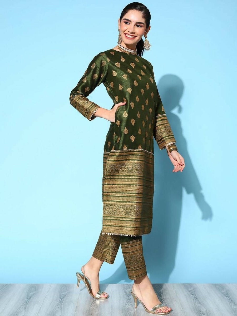 Ahalyaa Women's Olive Colour Poly Silk Gold Printed Kurta Pant Set With Dupatta | Swadesiicart