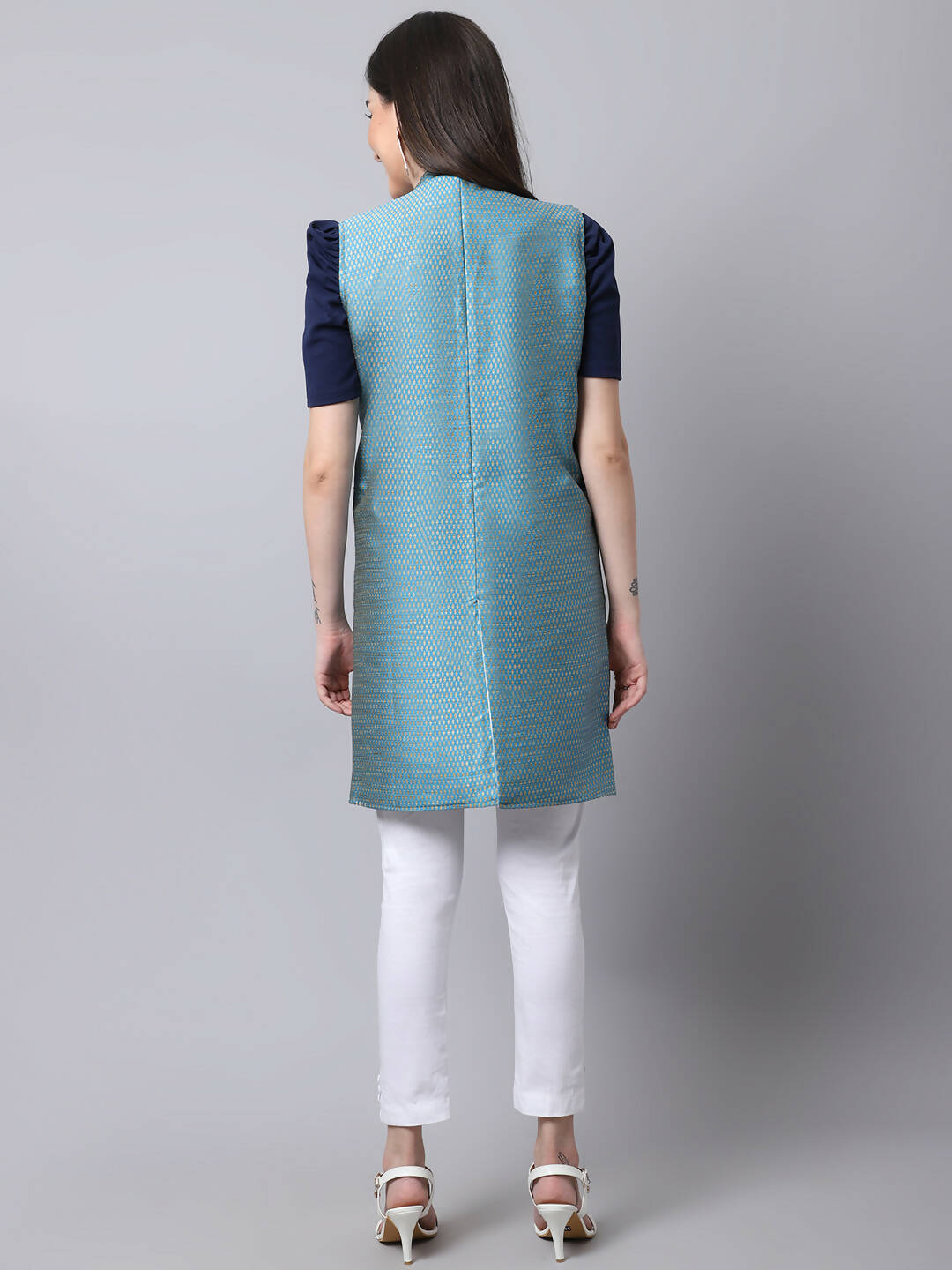 Even Apparels Blue Bansari Silk Open Front Women's Long Coat | Swadesiicart
