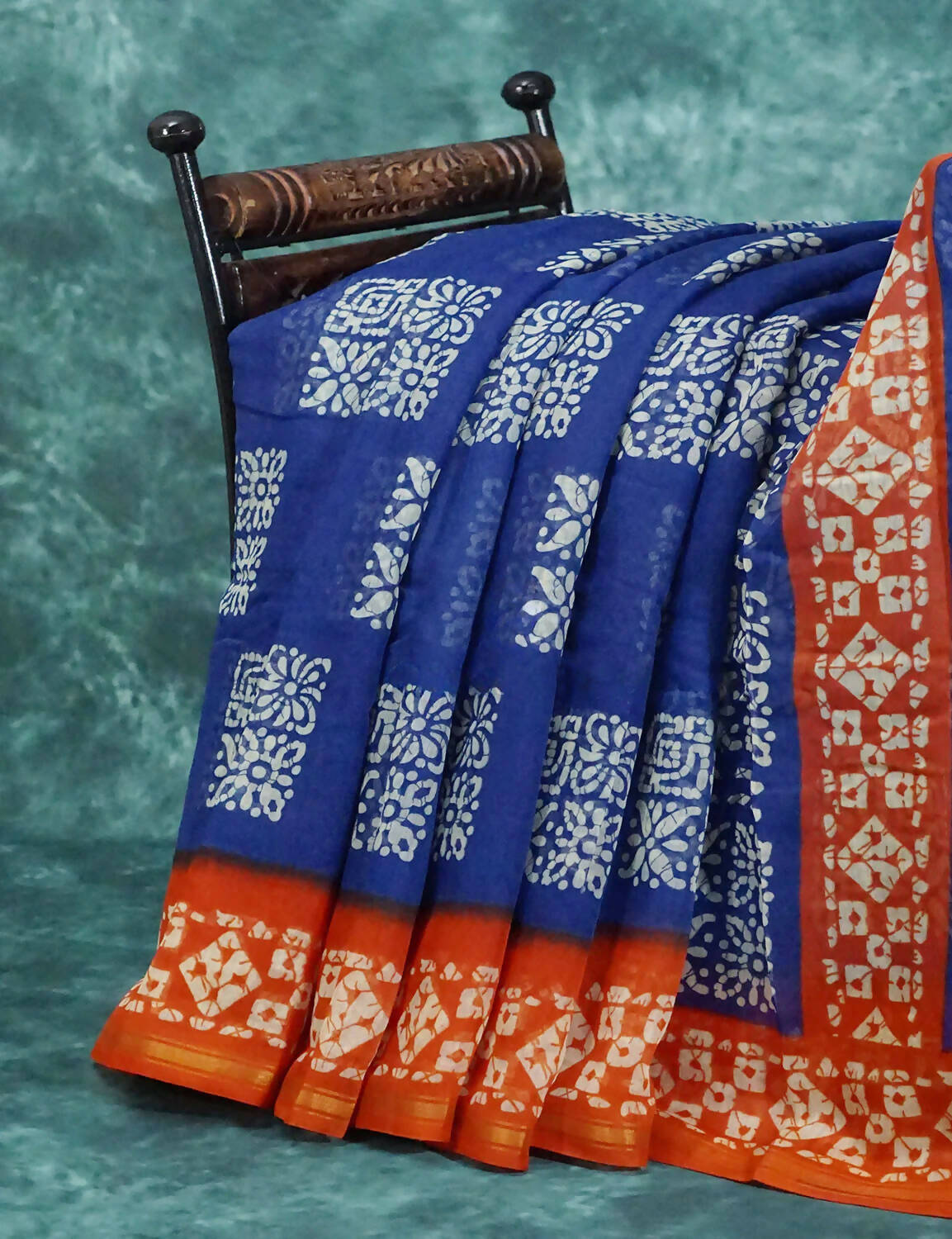 Mix of Blue and Orange Batik Printed Semi Chanderi Saree By Gayathri Reddy Designer Studio | Swadesiicart