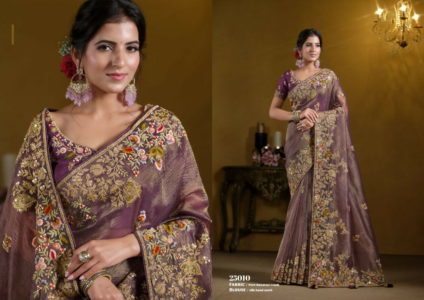 Purple Pure Banarasi Crush Pure Khatli work Designer Saree With Blouse. - Rajasvi | Swadesiicart