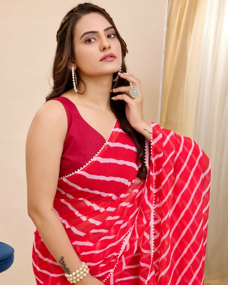 Red Georgette Designer Printed Ready To Wear Saree - Ibiza | Swadesiicart