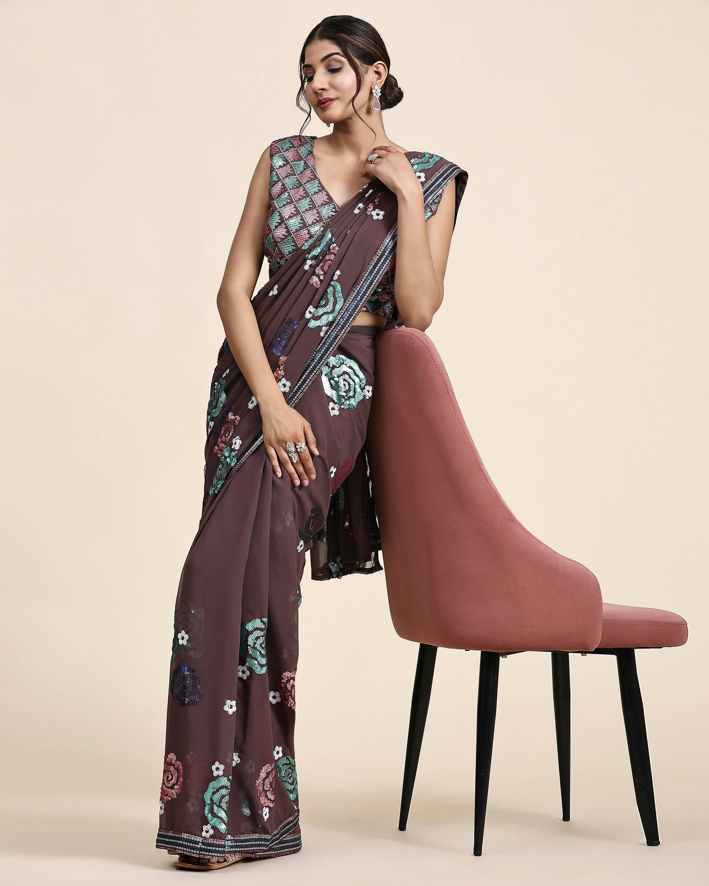 Brown Pure Georgette Sequence work Ready to wear Saree with stitched Blouse - Nirvana | Swadesiicart