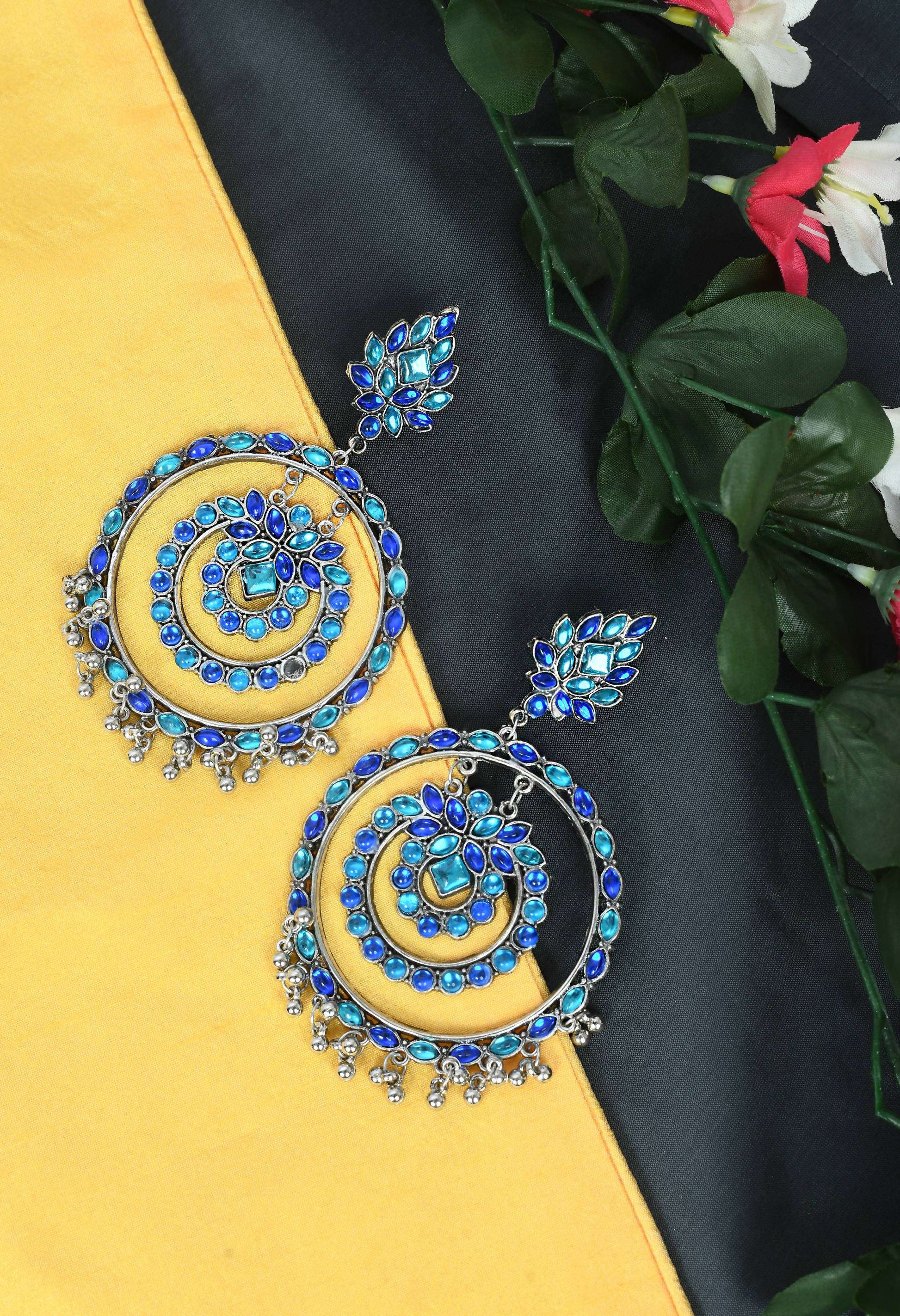 Mominos Fashion Johar Kamal Women's Blue Kundan Circles Earrings - Swadesiicart