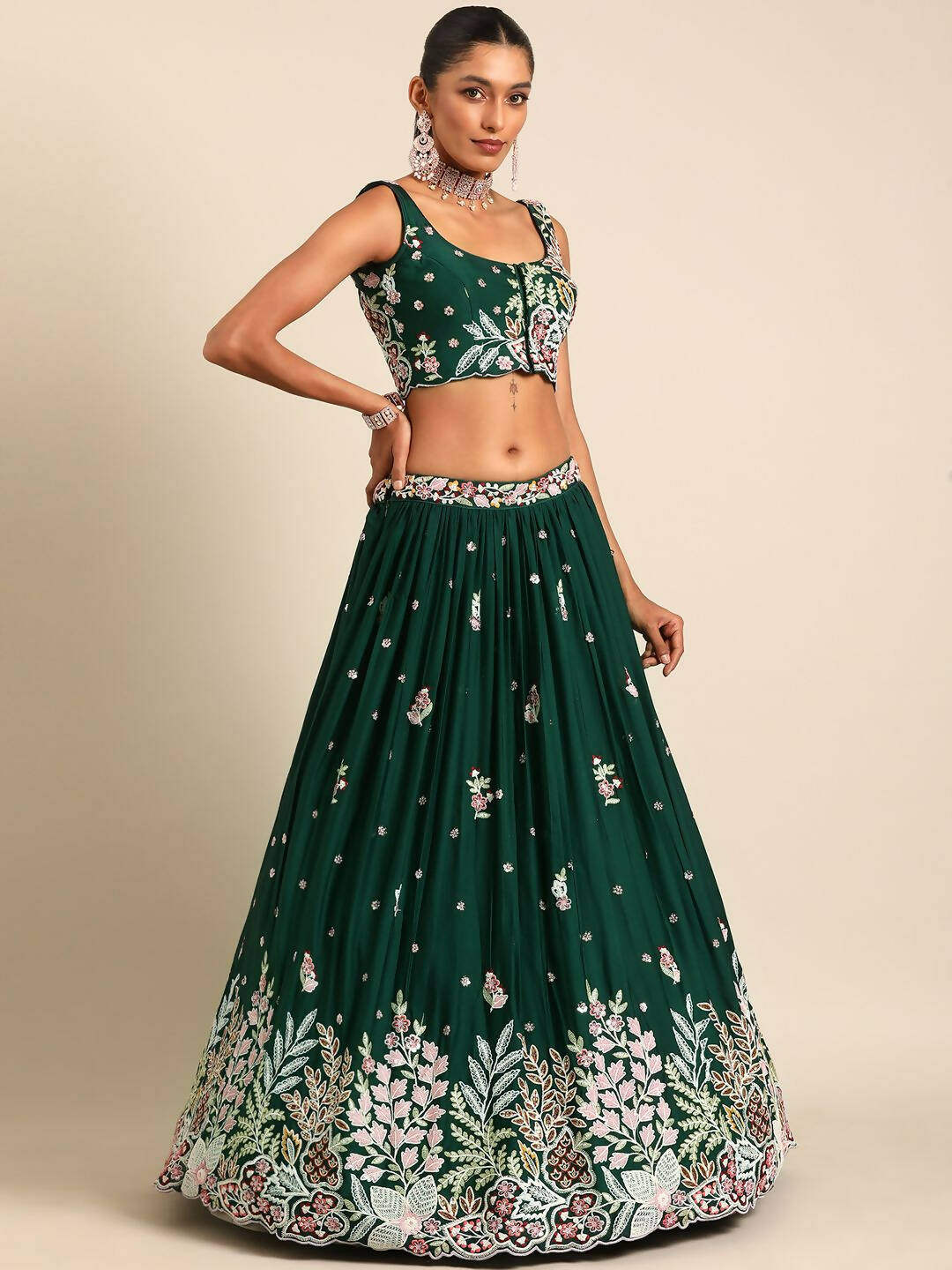 House of Panchhi Green Georgette Sequins and thread embroidery Lehenga choli & Dupatta | Swadesiicart