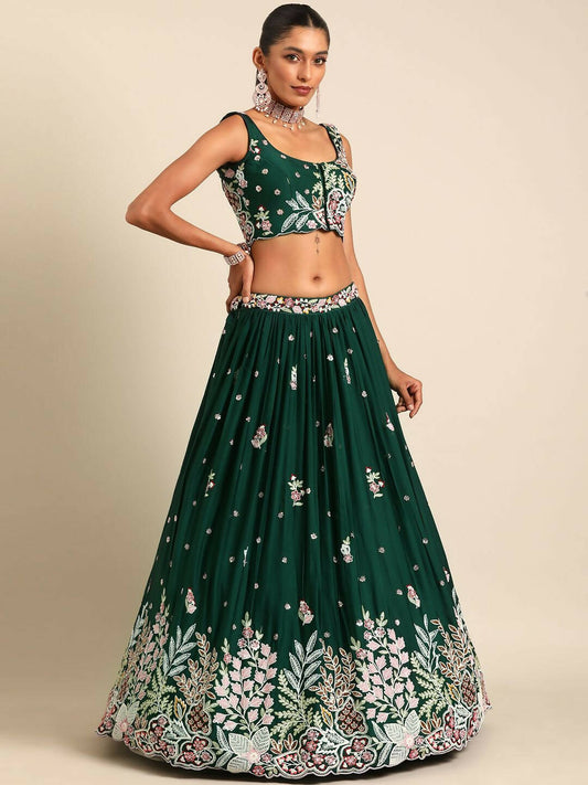House of Panchhi Green Georgette Sequins and thread embroidery Lehenga choli & Dupatta | Swadesiicart