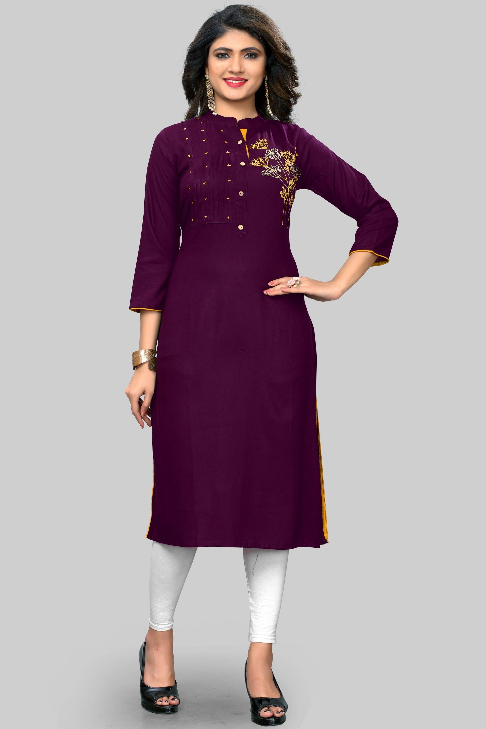 NOZ2TOZ Women's Embroidered Straight Rayon Purple Kurta Only - Noz2Toz