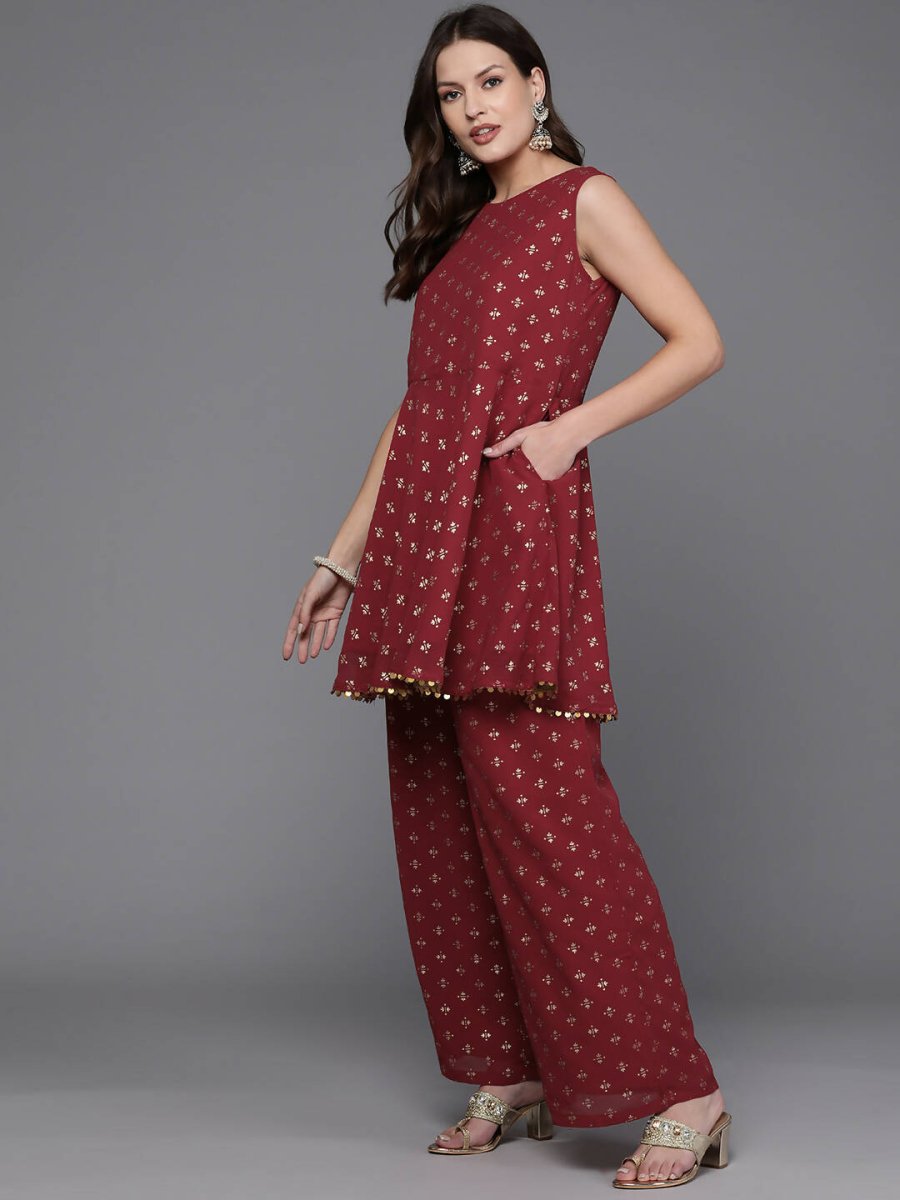 Ahalyaa Women Printed Tunic with Palazzos - Maroon Color | Swadesiicart
