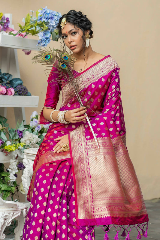 Vishnu Weaves Women's Wine Banarasi Silk Zari Woven Saree with Unstitched Blouse - Swadesiicart
