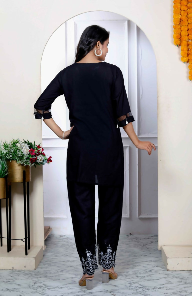 Miravan Women's Solid Black Rayon Co-Ord Set - Swadesiicart