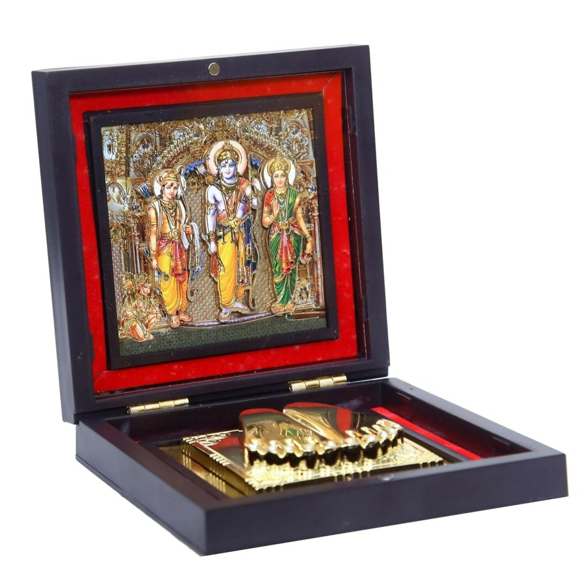 AncientlRam Darbar Pocket Temple Box With Charan Paduka Square Shaped, Gold-Polished - Swadesiicart