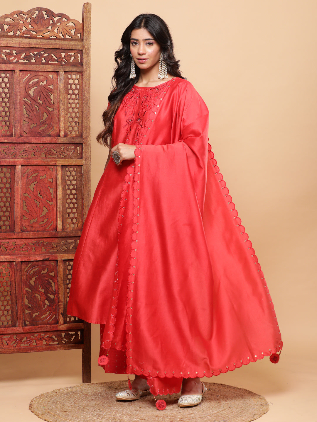 BohoJazz Nazm Embroidered Kimono Sleeves Kurta with Banarasi Pants and Dupatta - Red | Swadesiicart