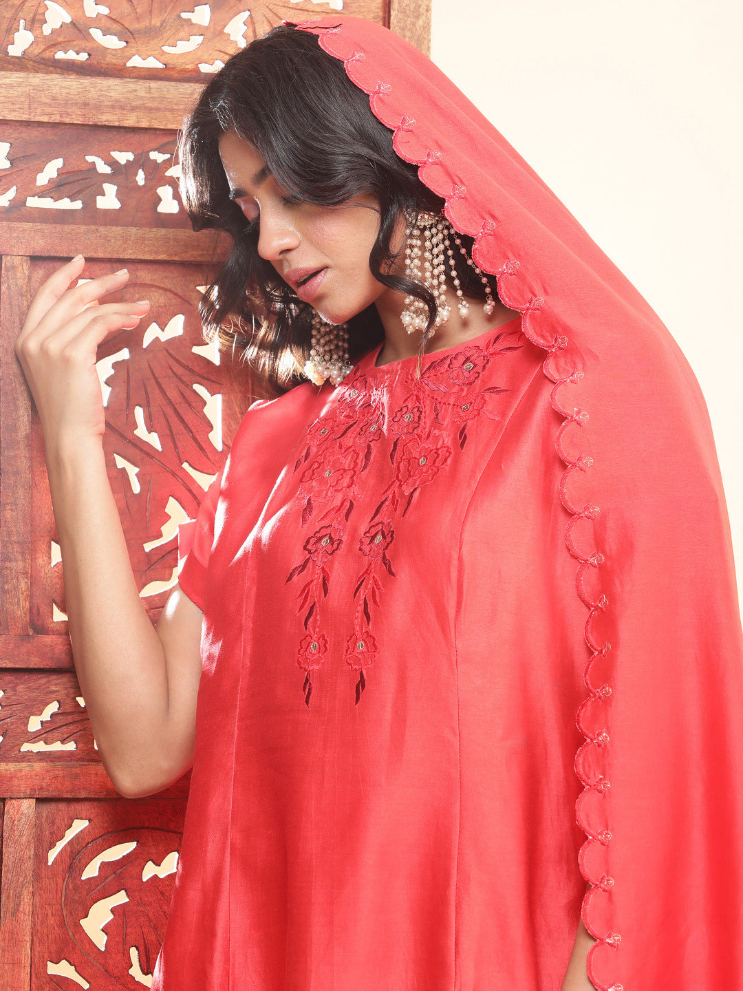 BohoJazz Nazm Embroidered Kimono Sleeves Kurta with Banarasi Pants and Dupatta - Red | Swadesiicart