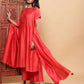 BohoJazz Nazm Embroidered Kimono Sleeves Kurta with Banarasi Pants and Dupatta - Red | Swadesiicart