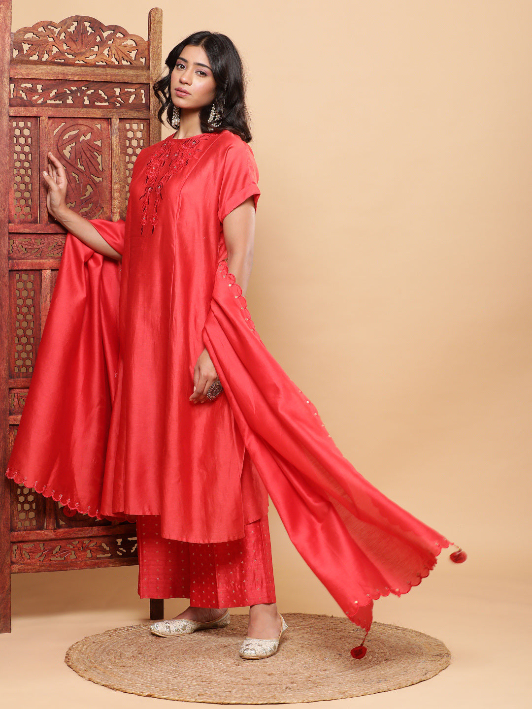 BohoJazz Nazm Embroidered Kimono Sleeves Kurta with Banarasi Pants and Dupatta - Red | Swadesiicart