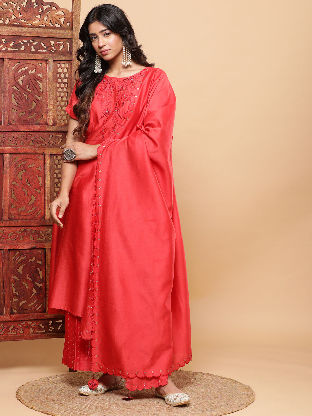 BohoJazz Nazm Embroidered Kimono Sleeves Kurta with Banarasi Pants and Dupatta - Red | Swadesiicart