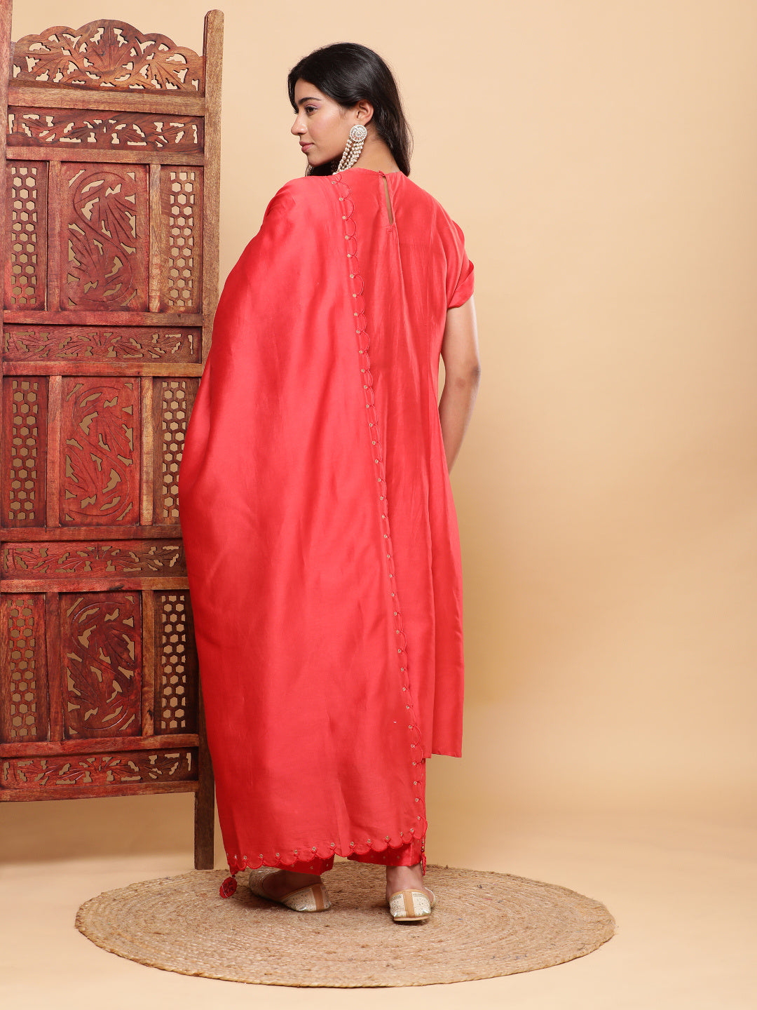 BohoJazz Nazm Embroidered Kimono Sleeves Kurta with Banarasi Pants and Dupatta - Red | Swadesiicart