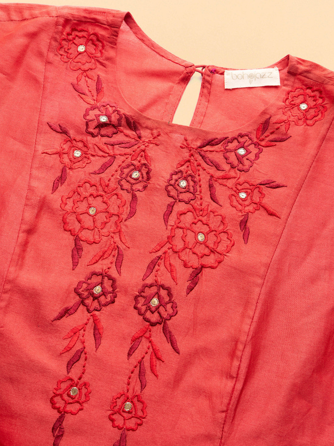 BohoJazz Nazm Embroidered Kimono Sleeves Kurta with Banarasi Pants and Dupatta - Red | Swadesiicart
