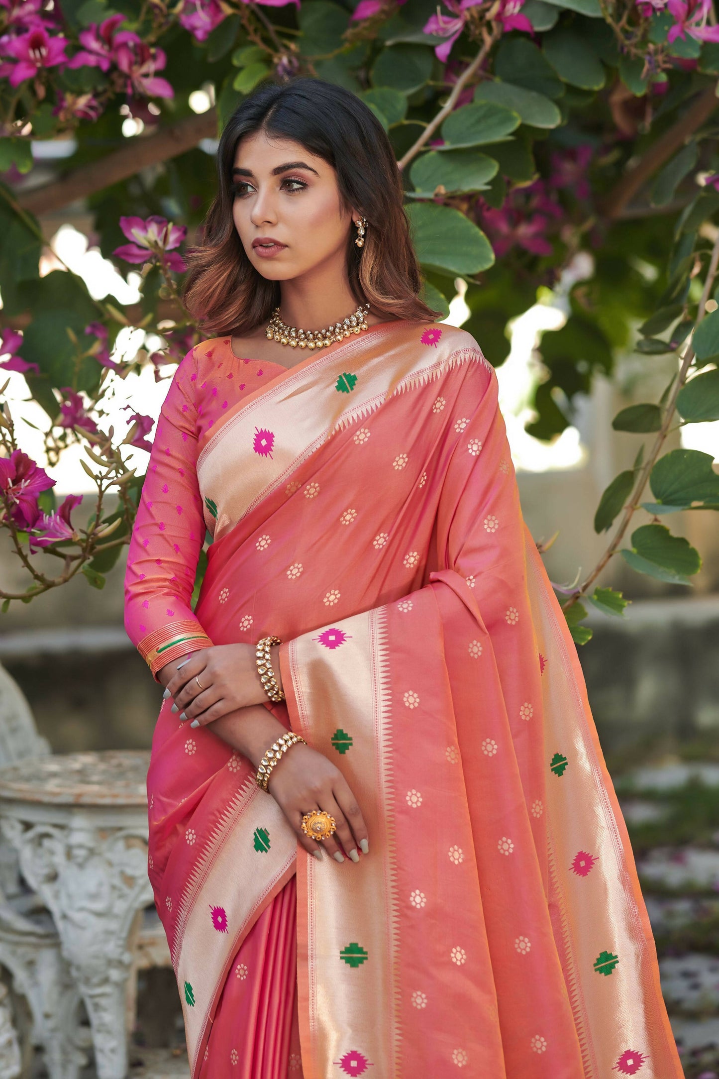 Vishnu Weaves Women's Gajri Banarasi Silk Zari Woven Paithani Saree with Unstitched Blouse - Swadesiicart