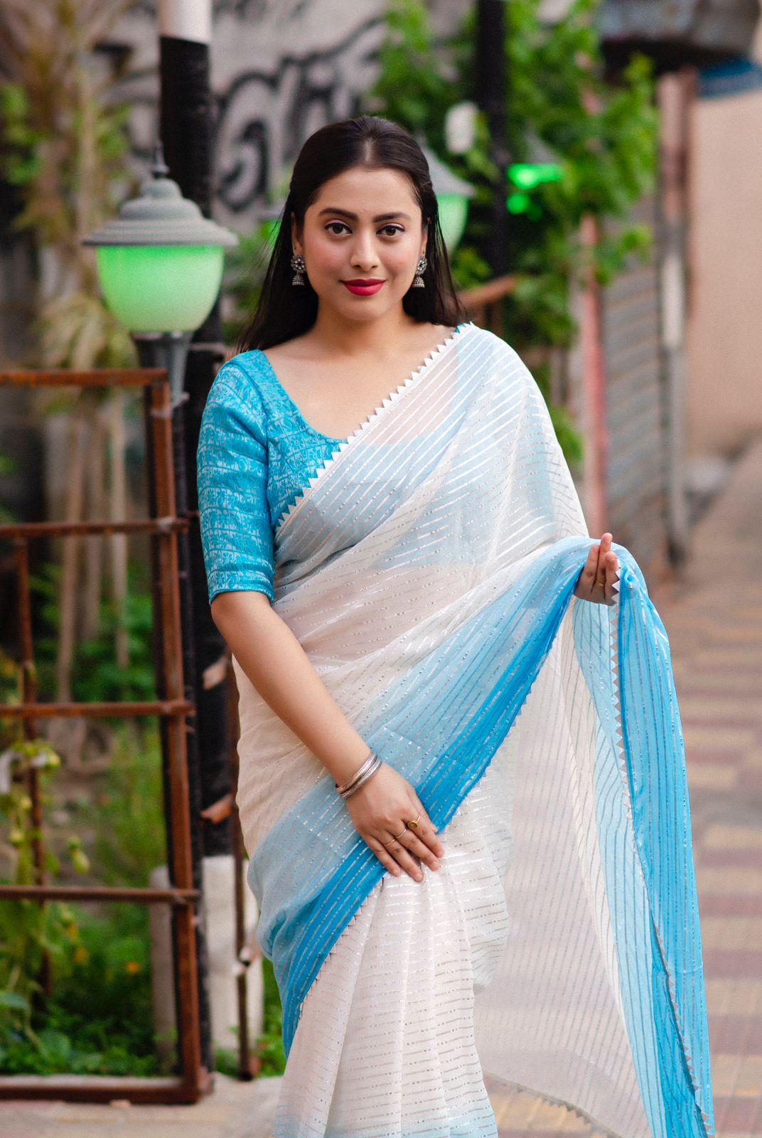 Blue Poly Chiffon Striped Saree with Unstitched Blouse - Hiral Fashion | Swadesiicart