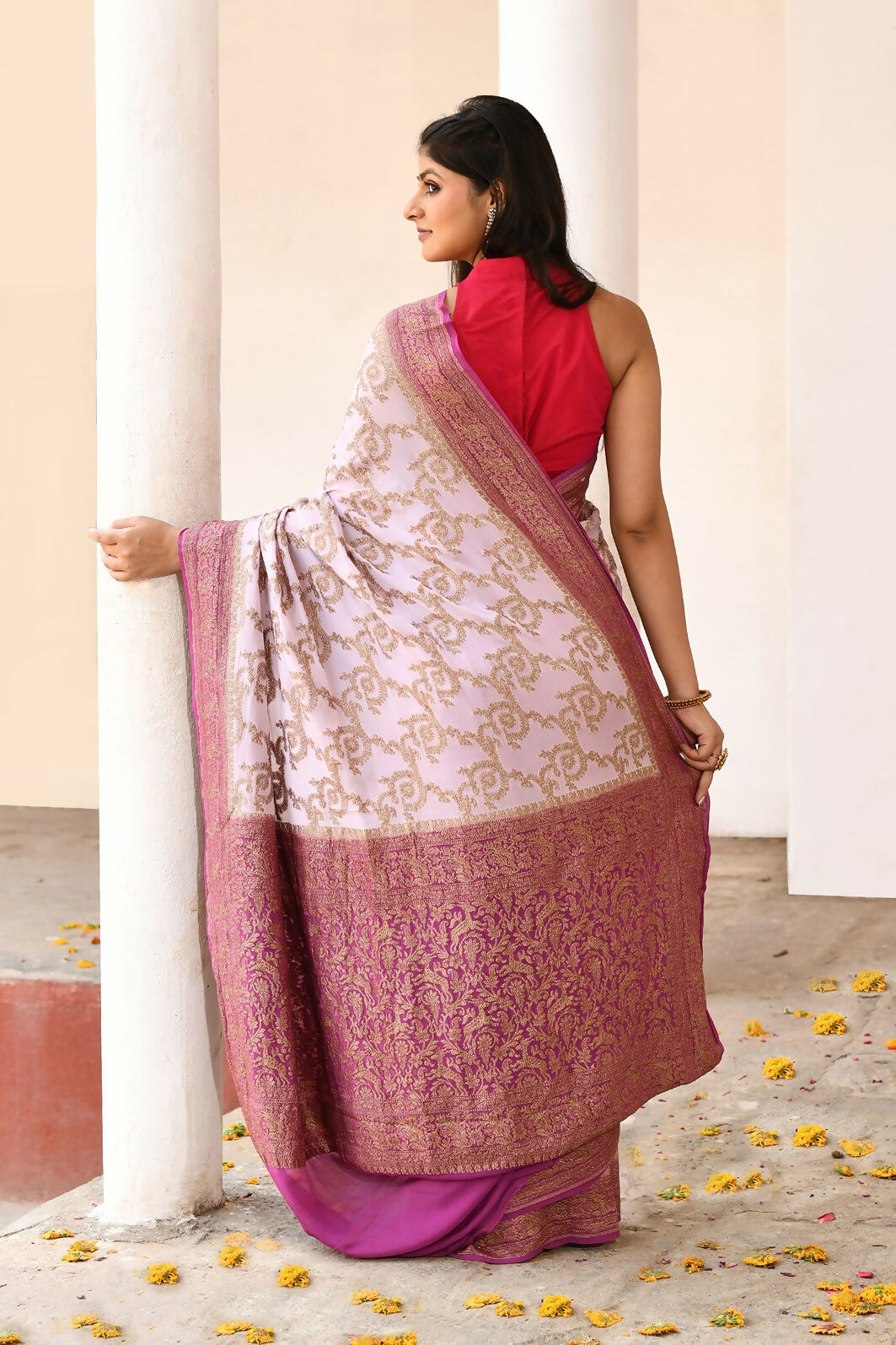 Joban Fashion Pastel Lilac Crepe Chiffon Pure Handloom Banarasi Silk Saree | Swadesiicart