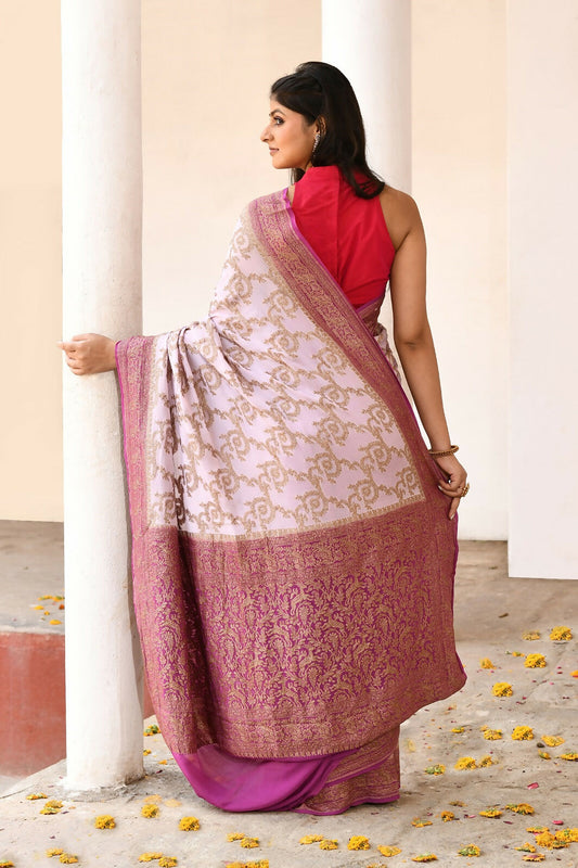 Joban Fashion Pastel Lilac Crepe Chiffon Pure Handloom Banarasi Silk Saree | Swadesiicart