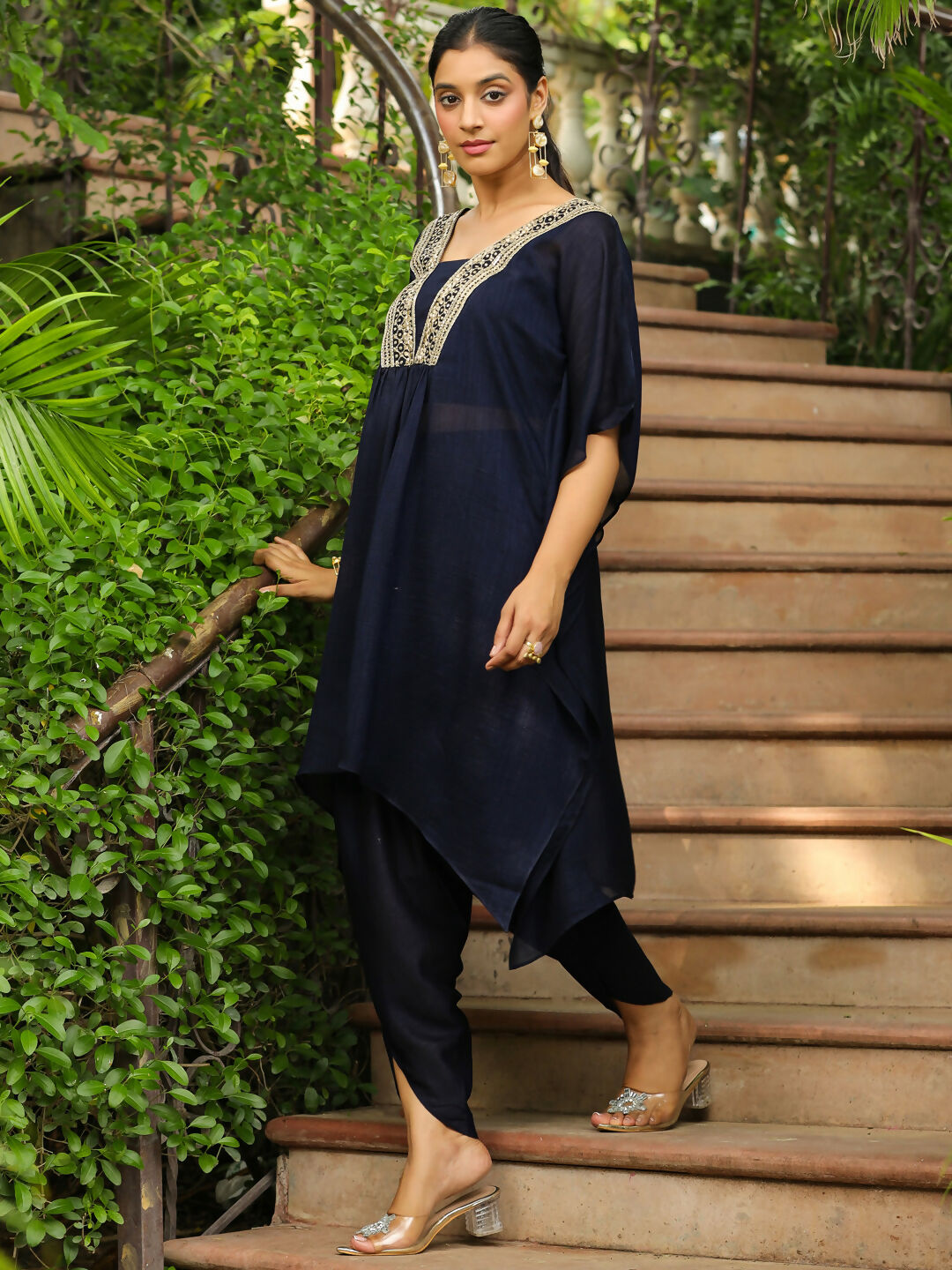 Janasya Navy Blue Silk Blend Yoke Embroidery Co-Ords - Swadesiicart