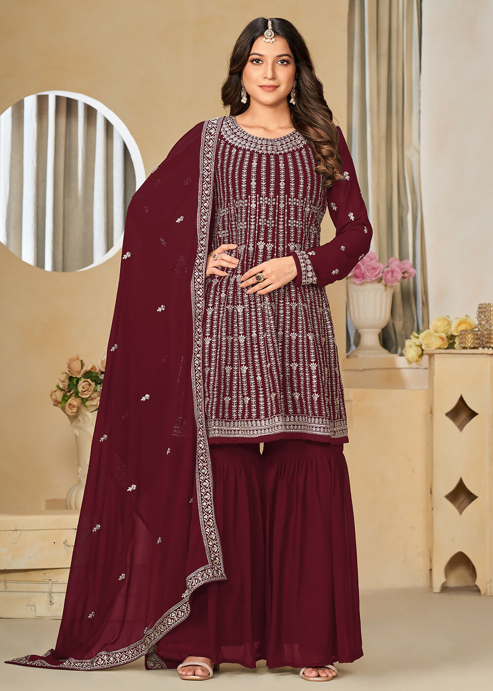 Faux Georgette Maroon Embroidered Gharara Style Suit - Emponline | Swadesiicart